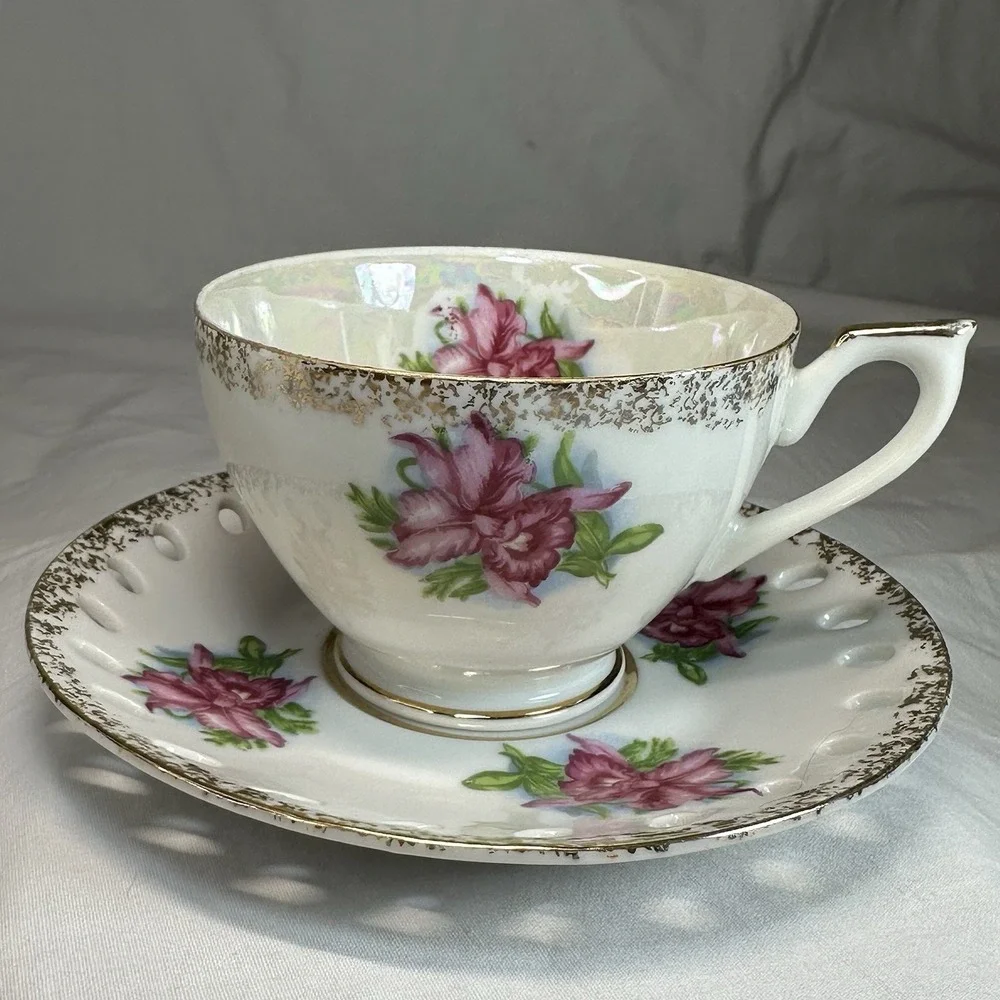 Iridescent Pink Orchid Tea Cup Reticulated Saucer‎ Lusterware Grandmillennial
